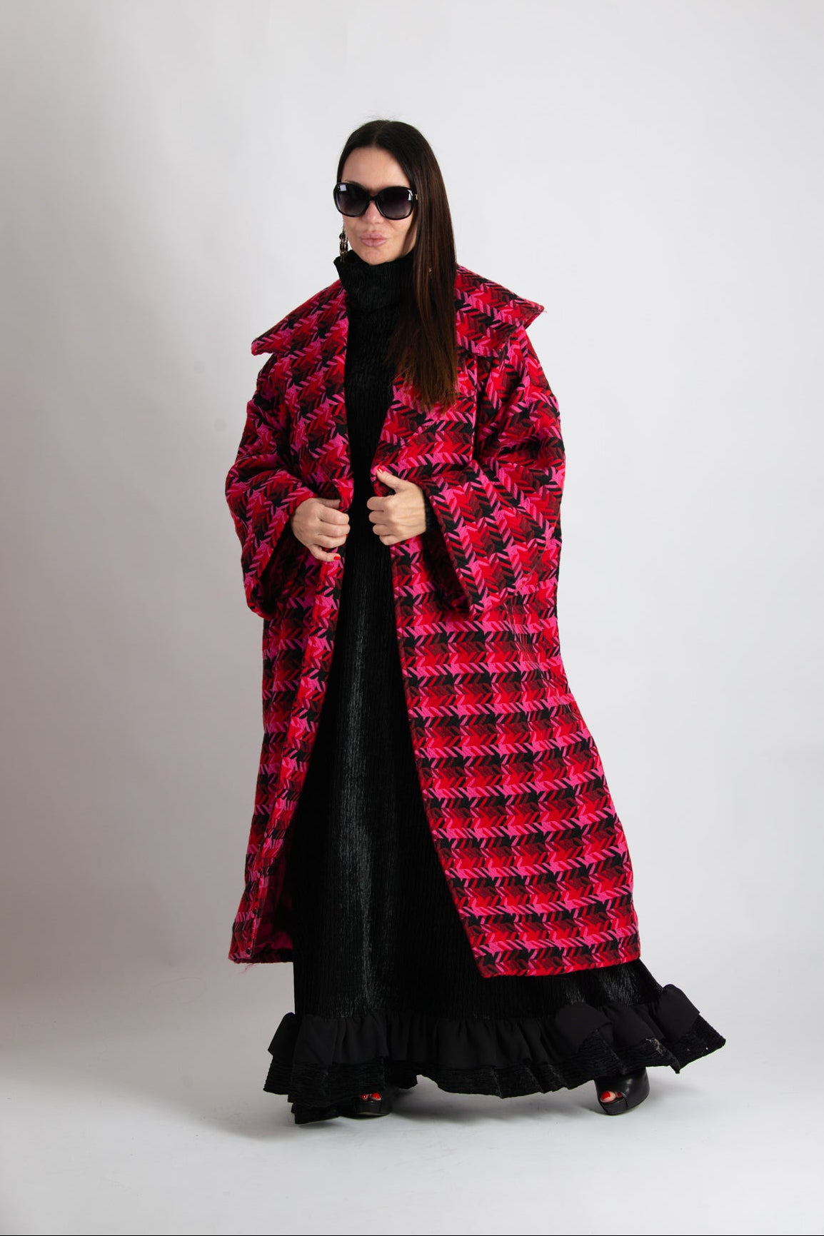Hot pink houndstooth cape coat Siri with shawl collar - EUG Fashion #hot-pink
