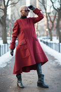Dark red asymmetric A-line coat Valery with hidden zip and button pockets - EUG Fashion #dark-red
