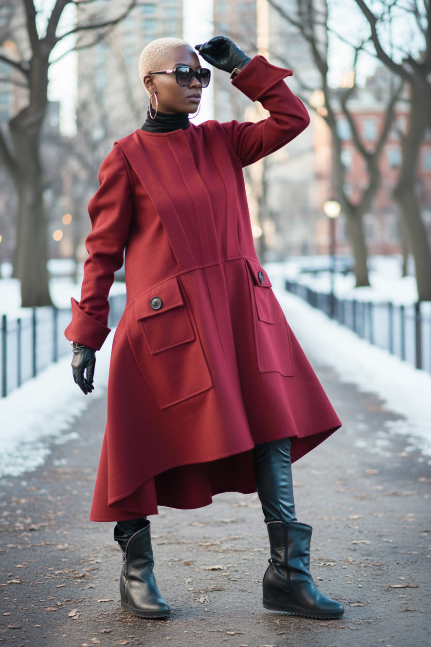Dark red asymmetric A-line coat Valery with hidden zip and button pockets - EUG Fashion #dark-red
