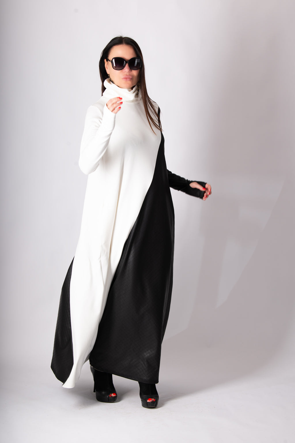 Black and white leather-look punto milano A-line dress Vivian - EUG Fashion 
