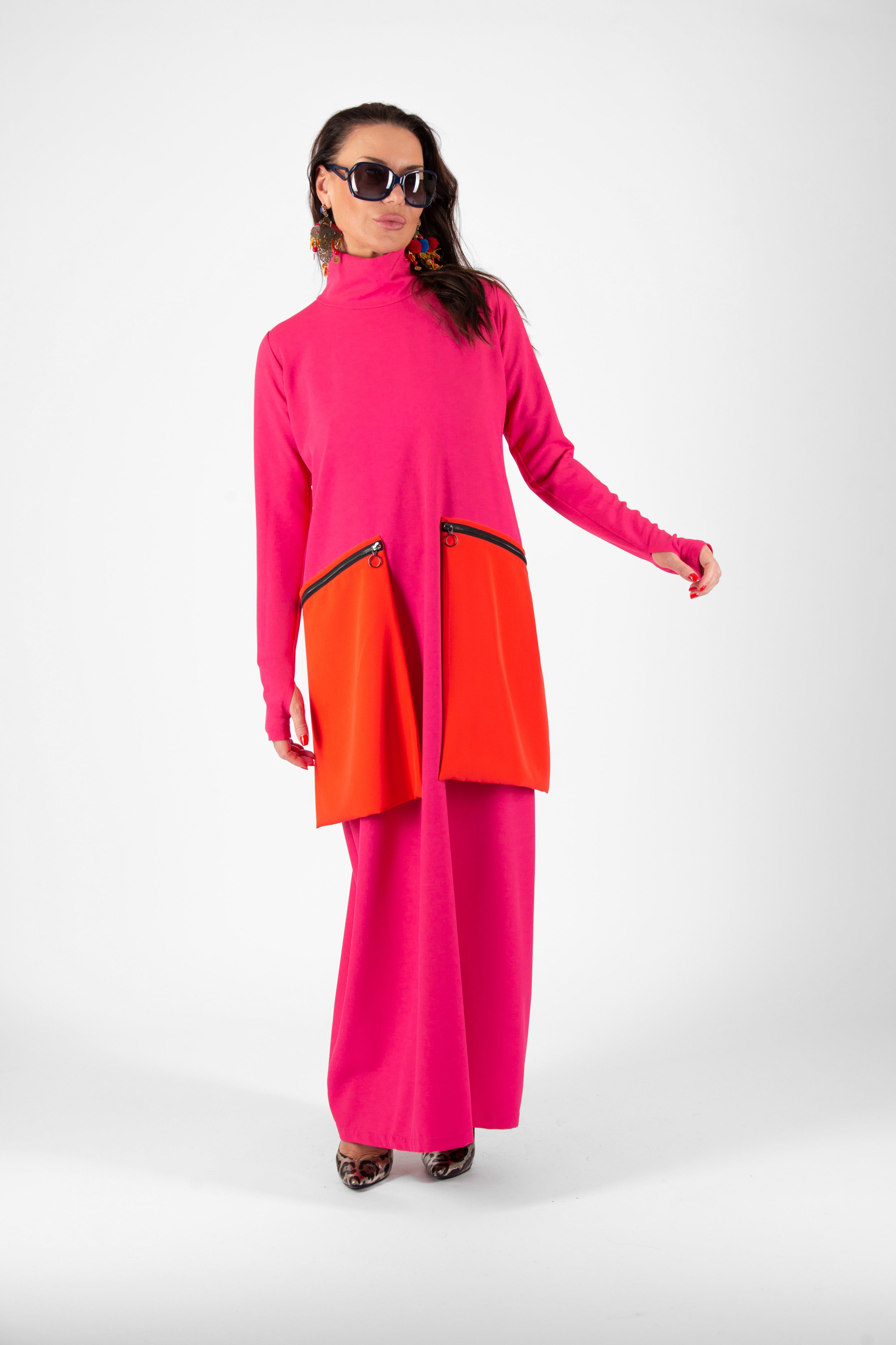 Hot pink colorblock punto milano dress Lena - EUG Fashion
