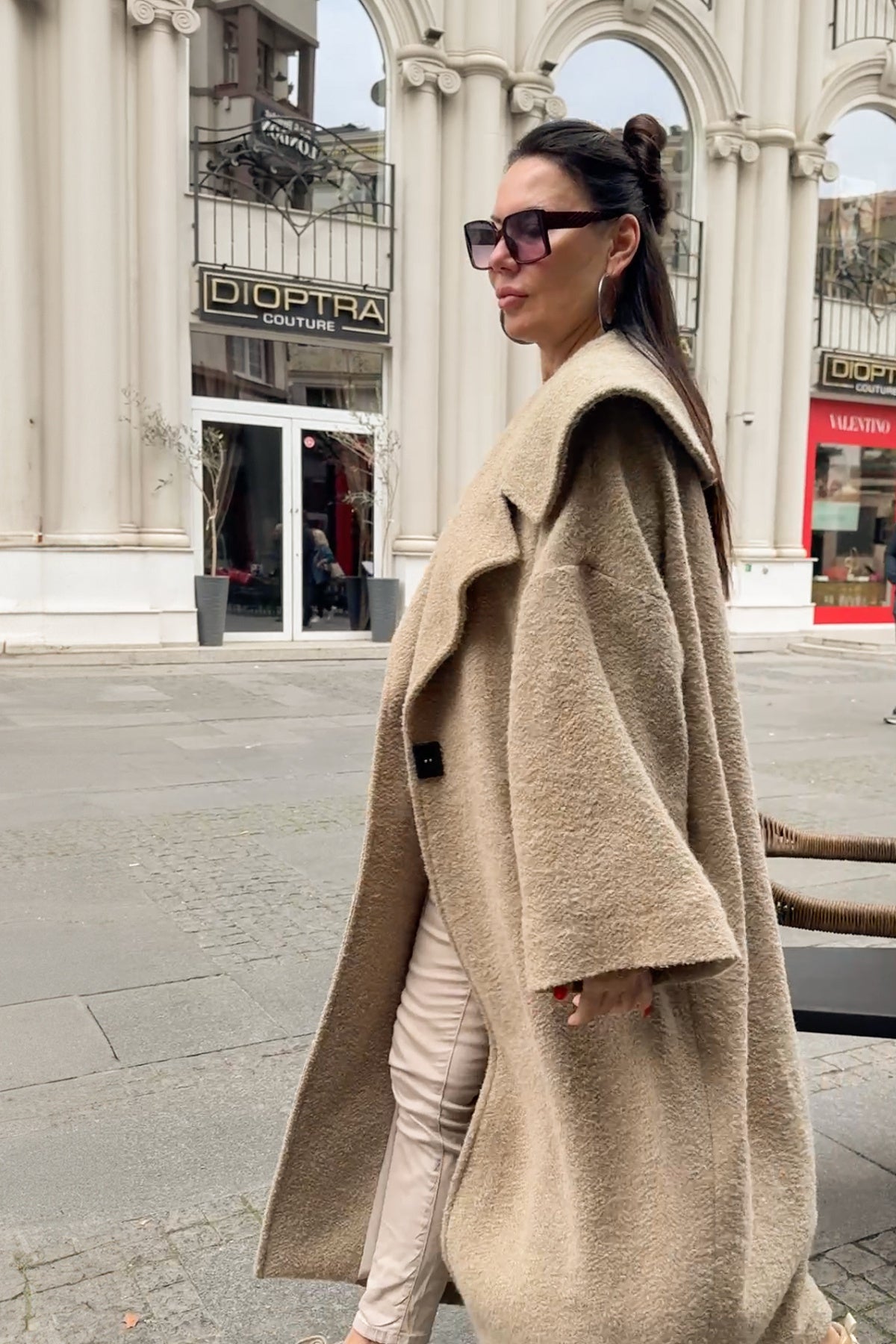 Beige bouclé cape coat Siri with wide shawl collar - EUG Fashion #beige
