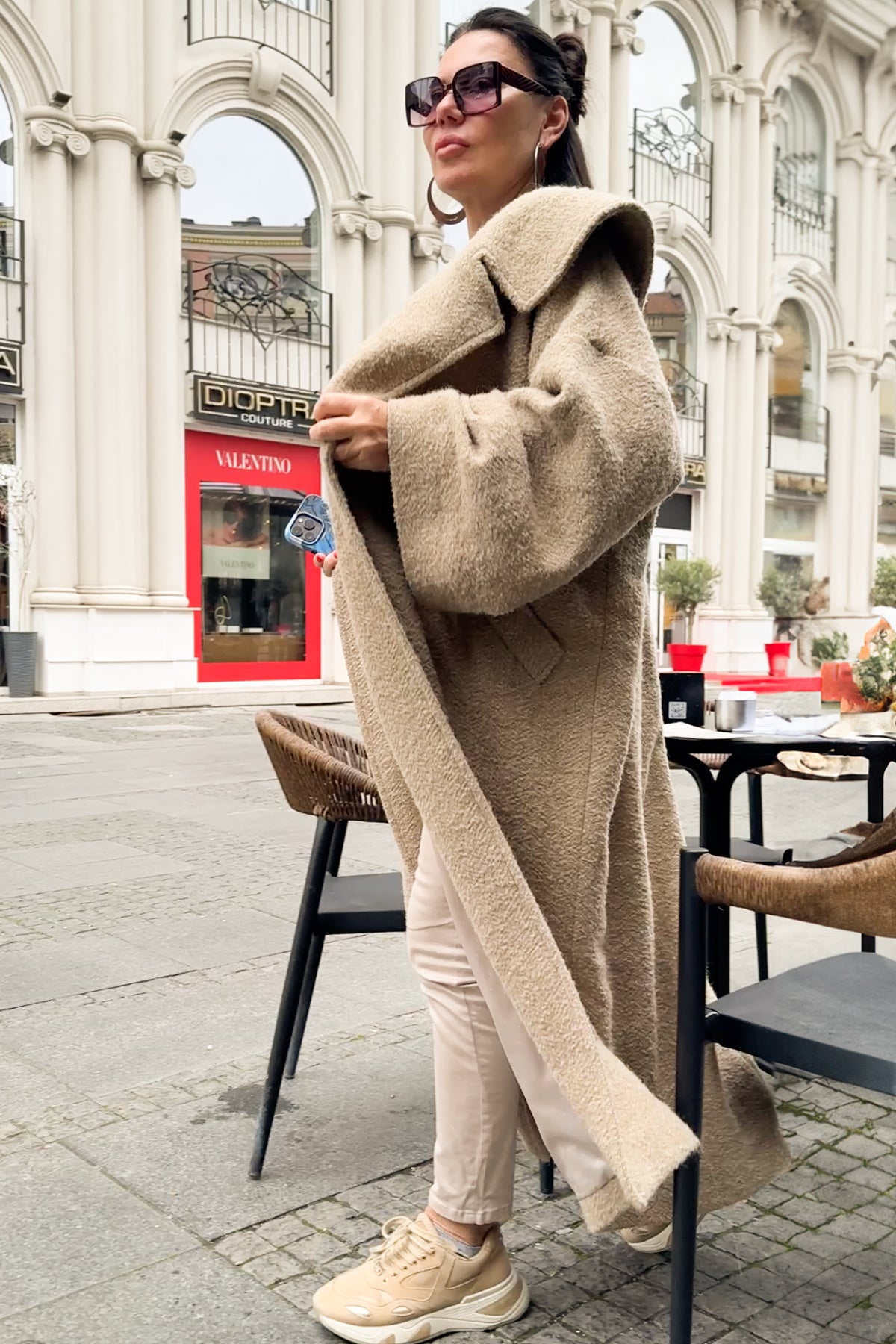 Beige bouclé cape coat Siri with wide shawl collar - EUG Fashion #beige
