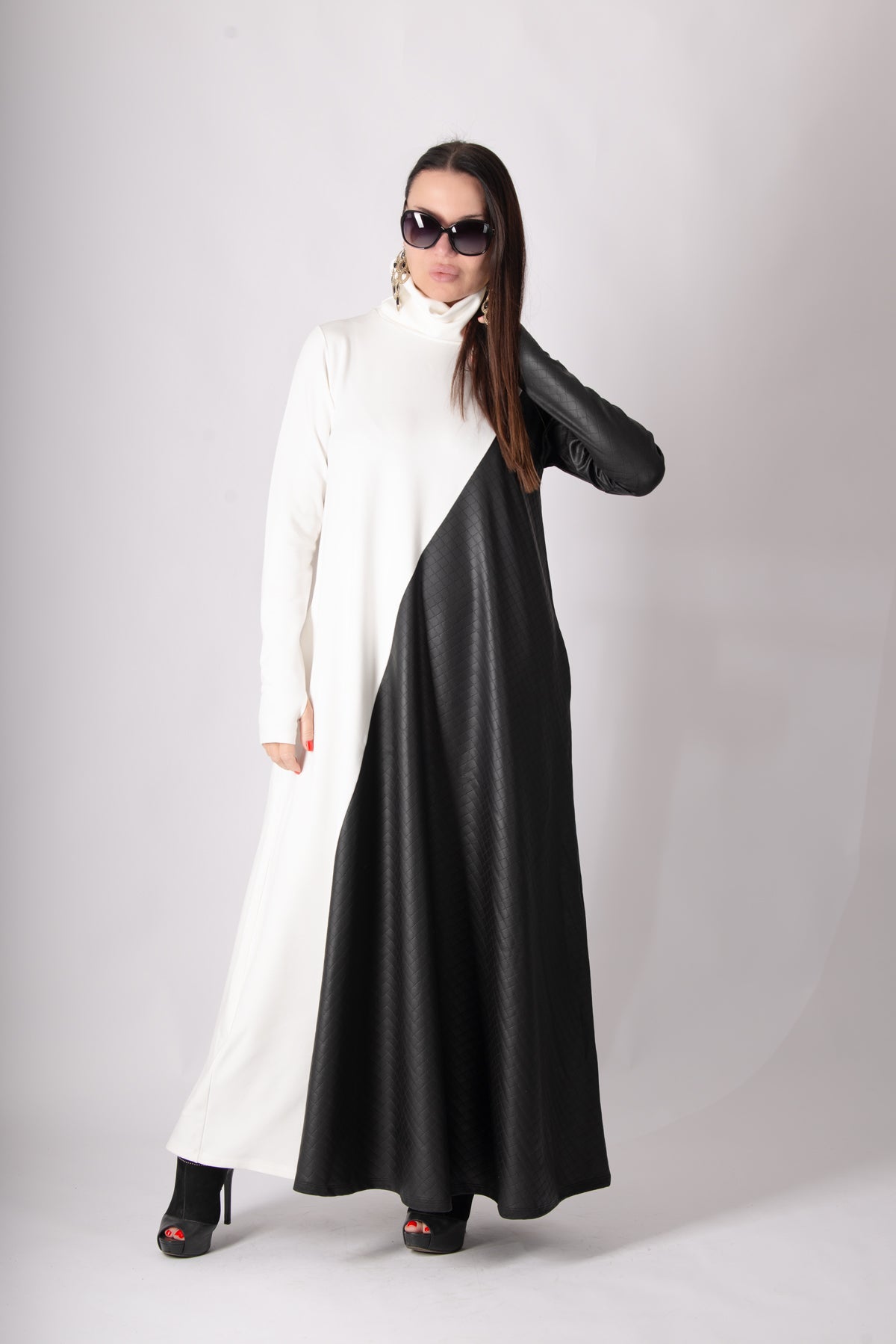 Black and white leather-look punto milano A-line dress Vivian - EUG Fashion 
