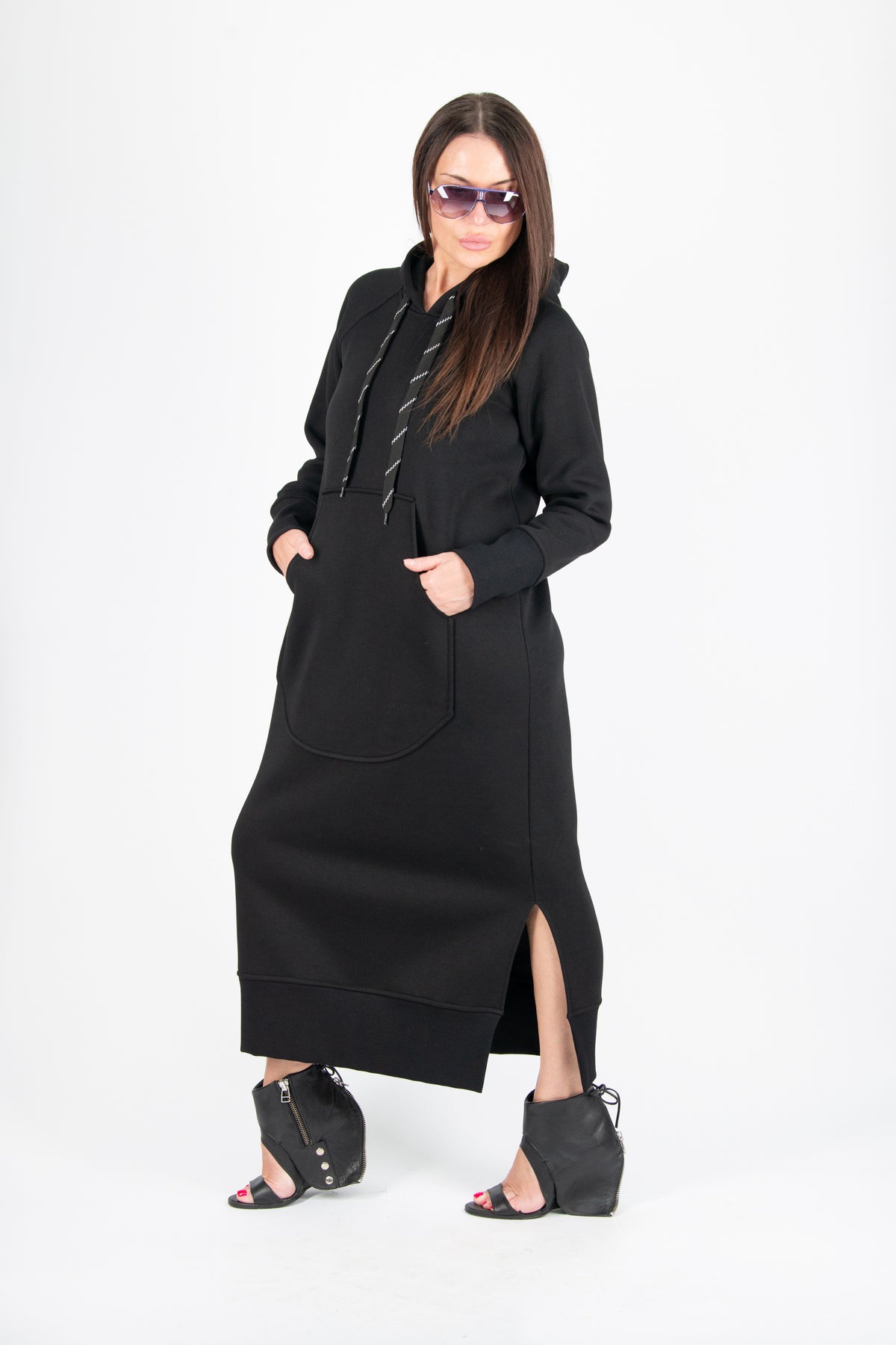 Black cotton fleece hooded dress - loose long silhouette, kangaroo pocket and two side slits, Suzana | EUG Fashion #black