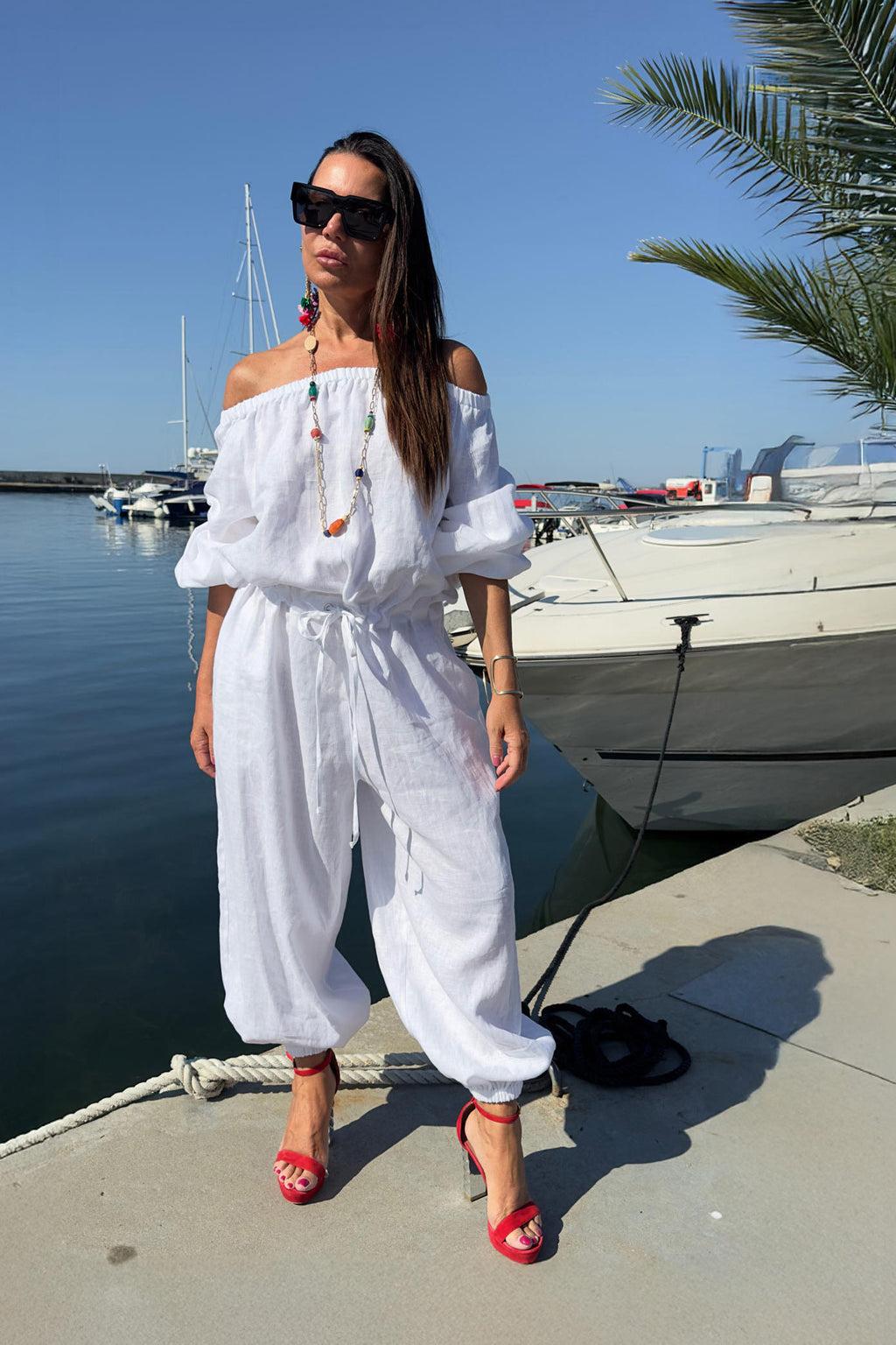 off shoulders linen jumpsuit #white