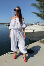 off shoulders linen jumpsuit #white