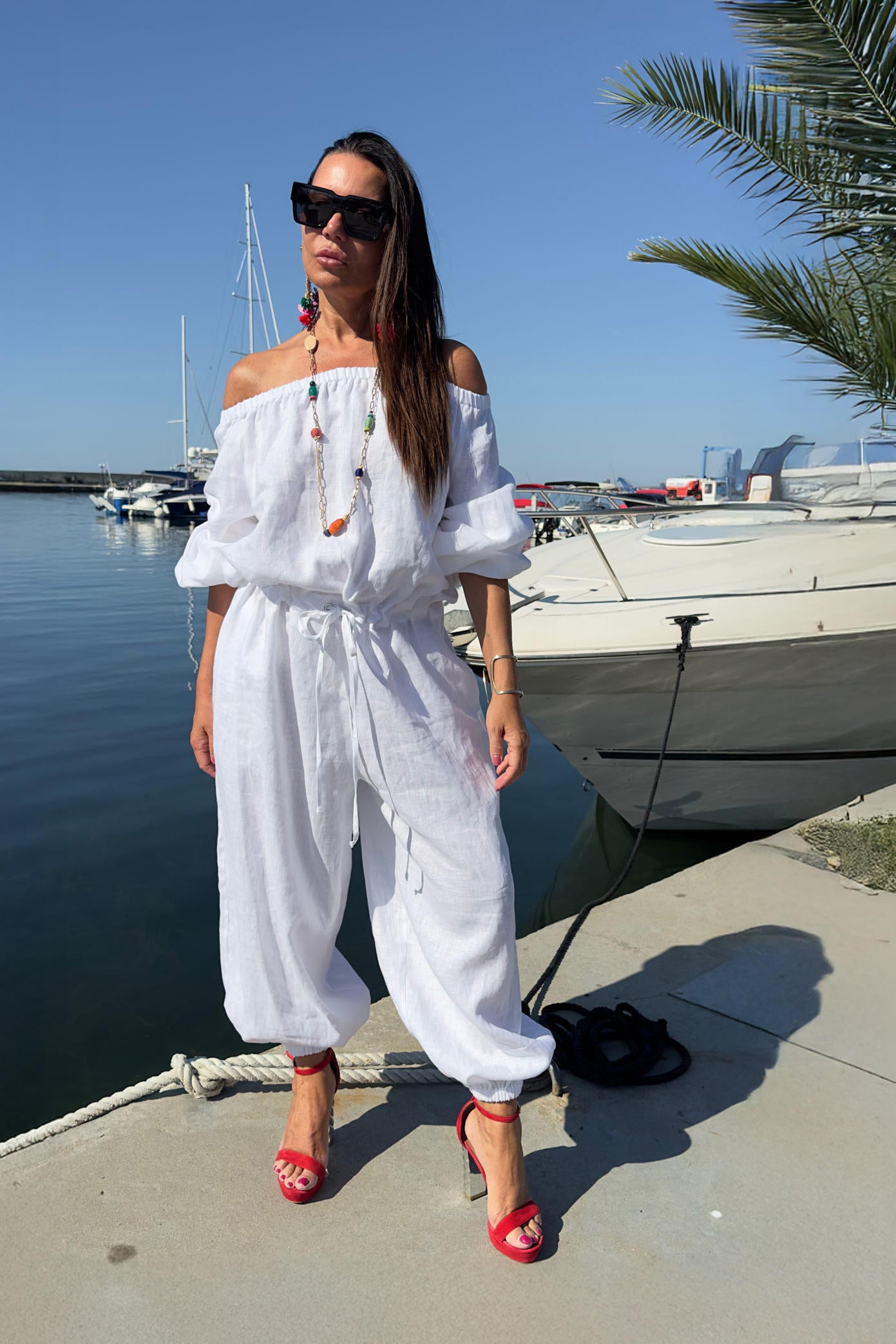off shoulders linen jumpsuit #white