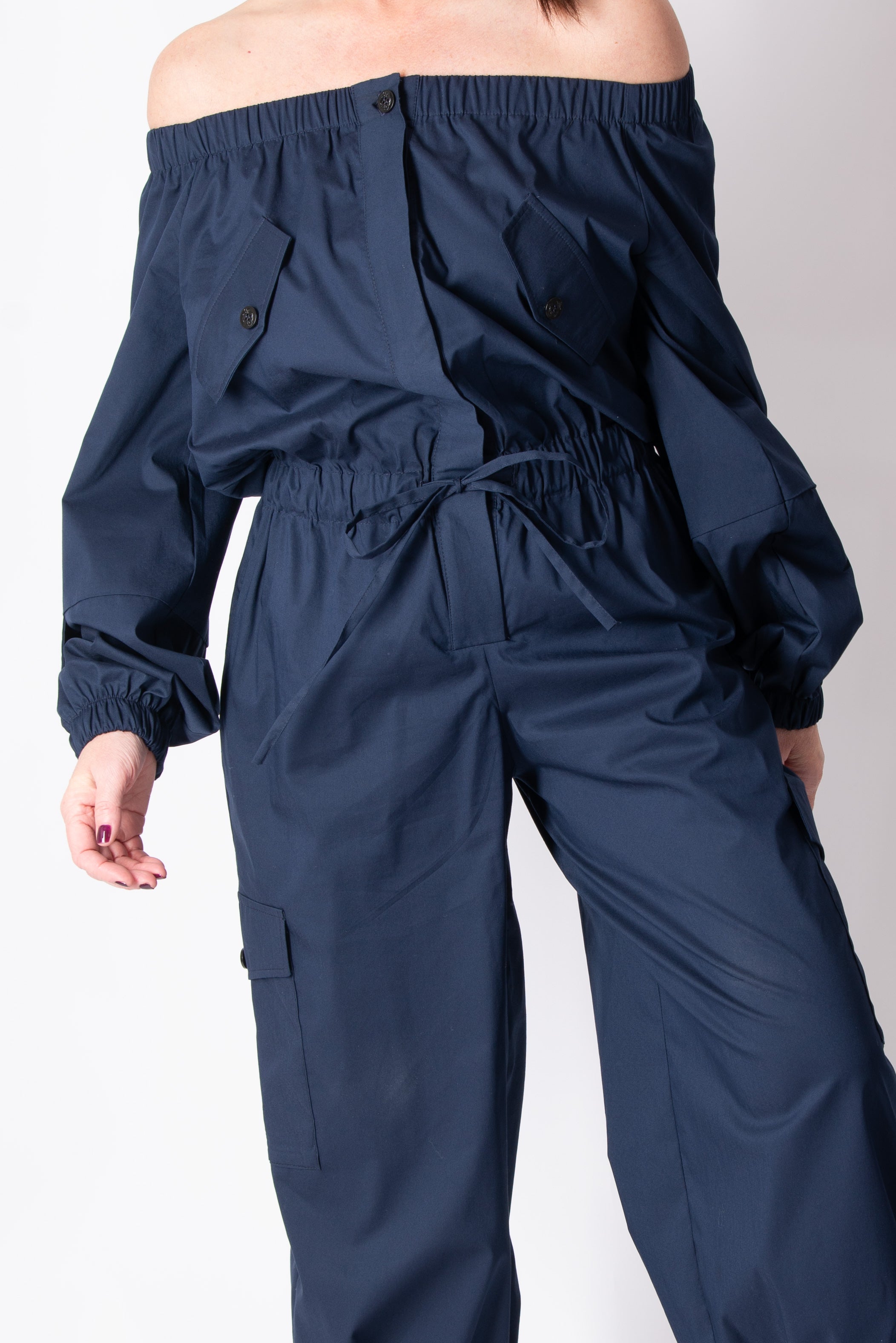 blue cotton jumpsuit with pockets