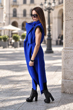 Royal blue cashmere-feel extravagant vest with asymmetric tie details and shawl collar, Victoria | EUG Fashion #royal-blue
