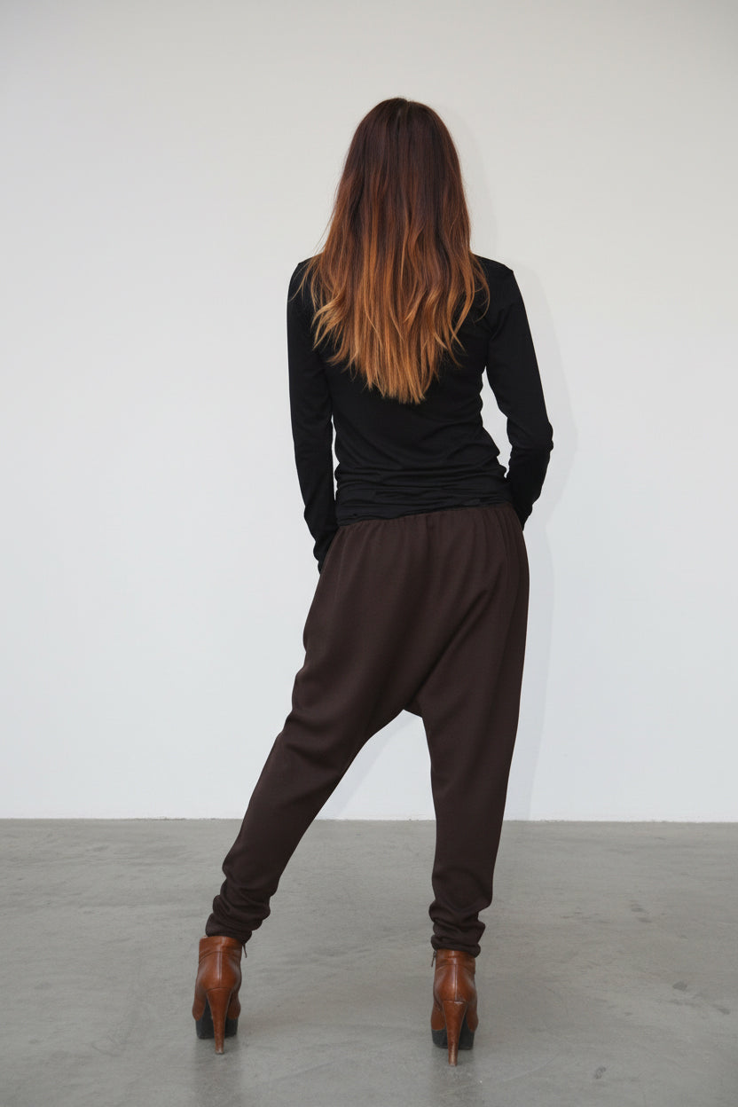 Brown drop-crotch harem pants Natalie — EUG Fashion #brown

