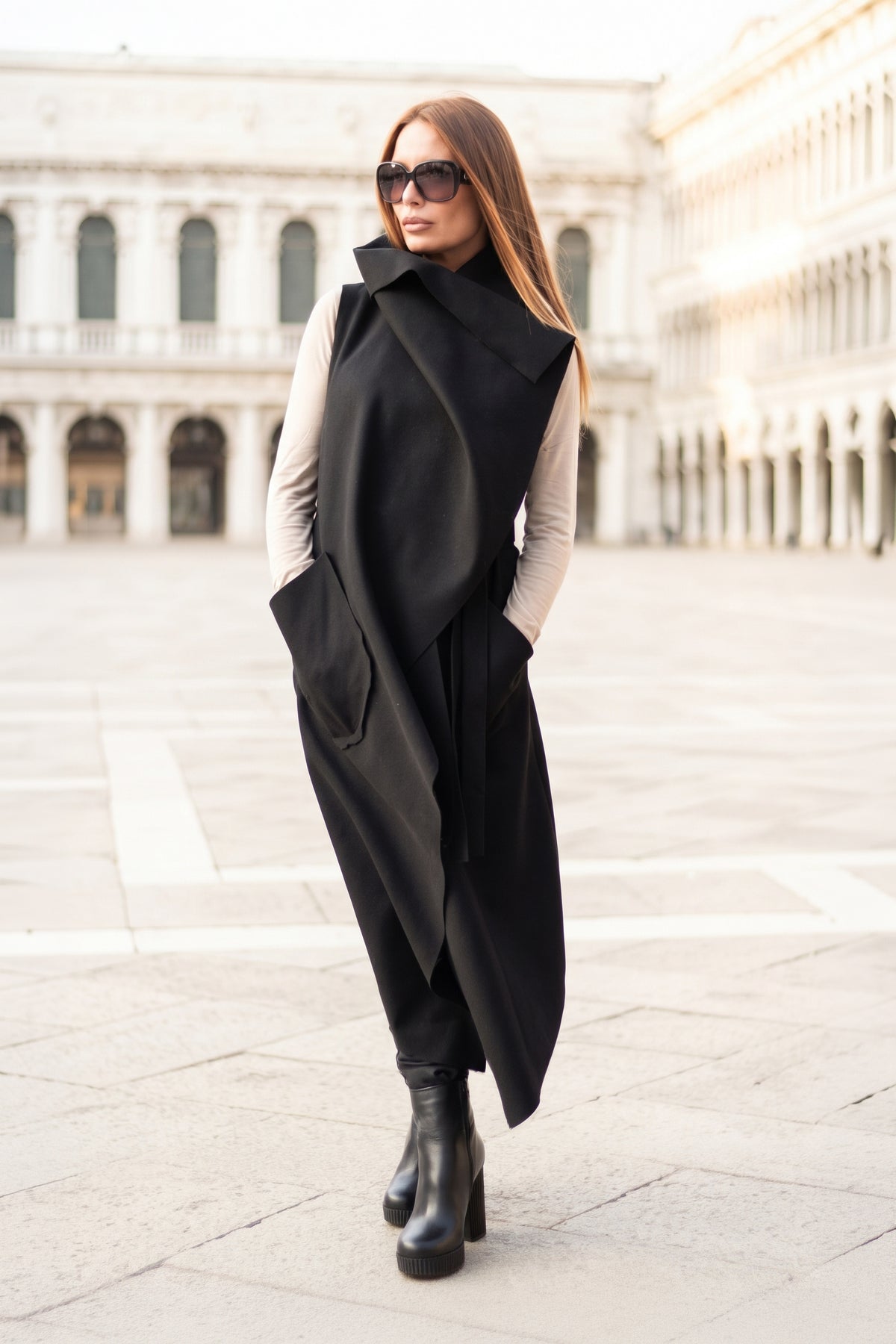 Black cashmere-feel extravagant vest with asymmetric tie details and shawl collar, Victoria | EUG Fashion #black
