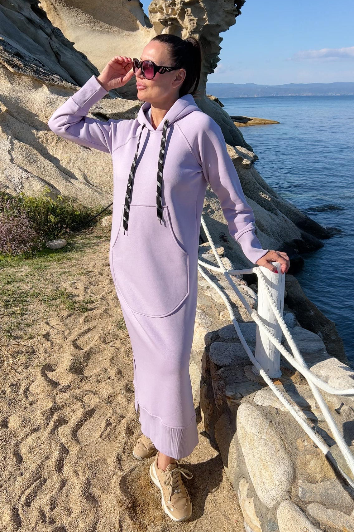 Light Purple cotton fleece hooded dress - loose long silhouette, kangaroo pocket and two side slits, Suzana | EUG Fashion #light-purple