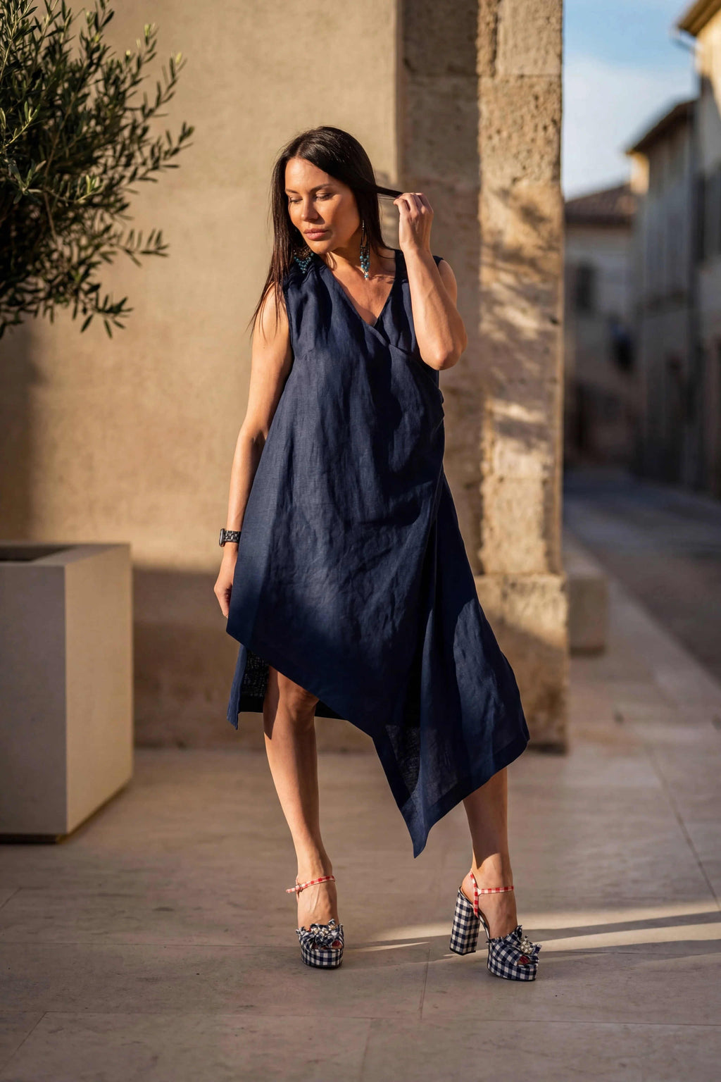 woman wrap linen dress-Eug fashion #dark-blue