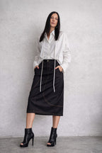 Black denim barrel skirt Huanita with topstitching front pockets and back slit - EUG Fashion #black
