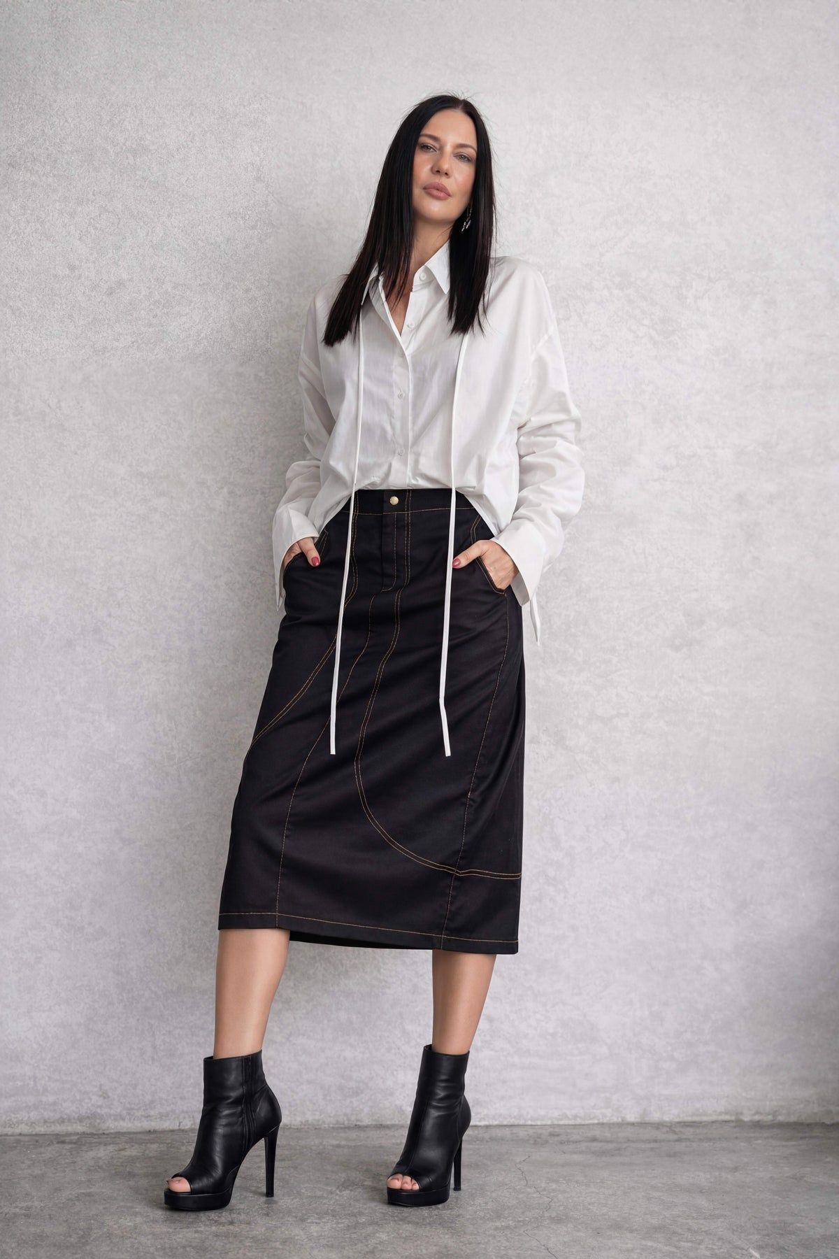 Black denim barrel skirt Huanita with topstitching front pockets and back slit - EUG Fashion #black
