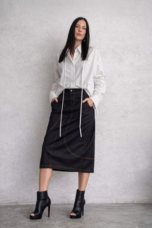 Black denim barrel skirt Huanita with topstitching front pockets and back slit - EUG Fashion #black
