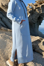 Light Blue cotton fleece hooded dress - loose long silhouette, kangaroo pocket and two side slits, Suzana | EUG Fashion #light-blue