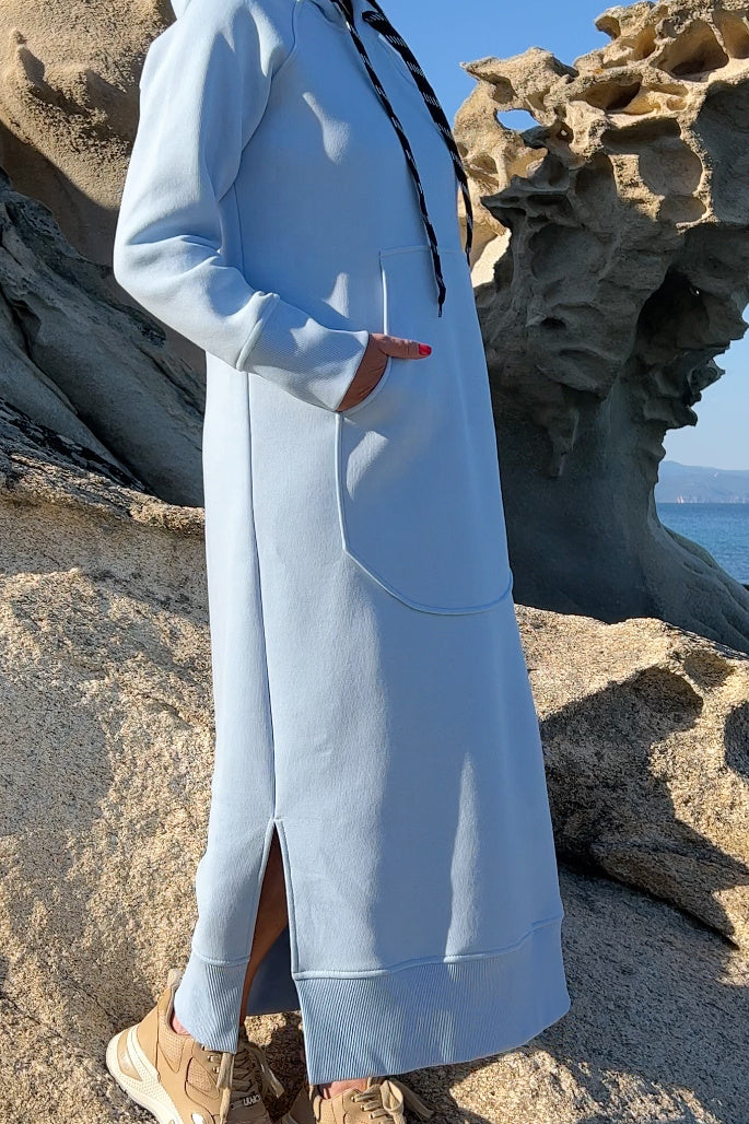 Light Blue cotton fleece hooded dress - loose long silhouette, kangaroo pocket and two side slits, Suzana | EUG Fashion #light-blue