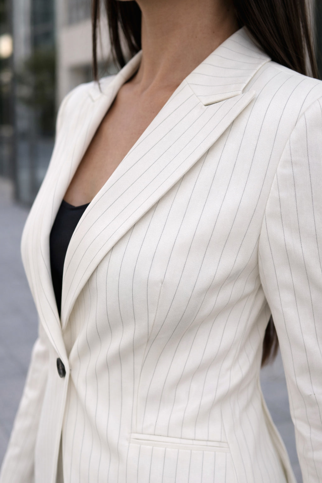 White pinstripe blazer with bow back detail and single-button closure - shoulder pads, fully lined, Emine | EUG Fashion #white
