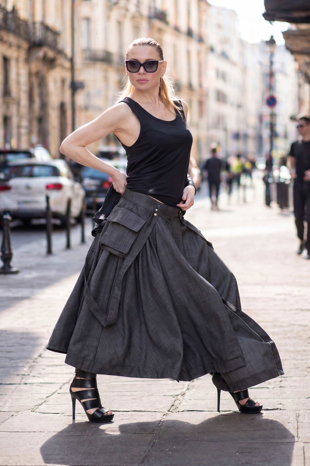 Dark gray asymmetric pleated wool skirt Zefira with suspenders and cargo pockets - EUG Fashion #dark-gray