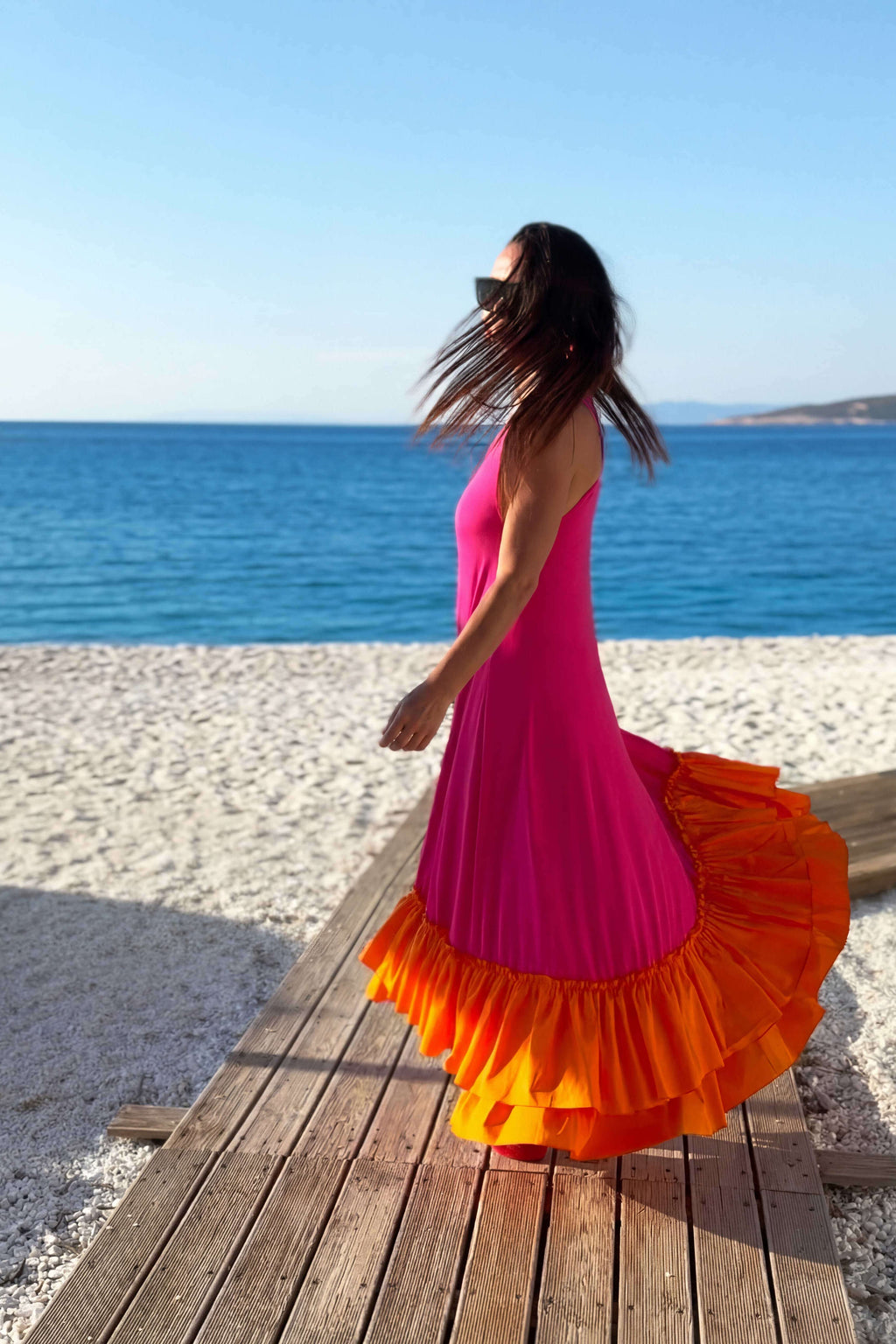 jersey long flounces dress - #hot-pink