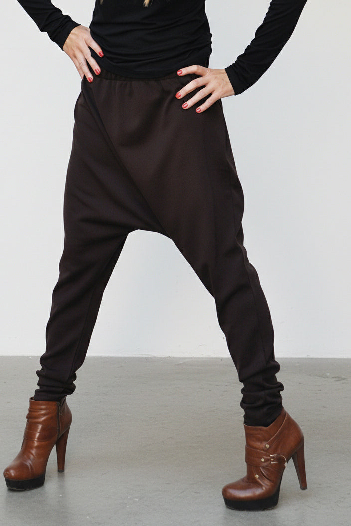 Brown drop-crotch harem pants Natalie — EUG Fashion #brown
