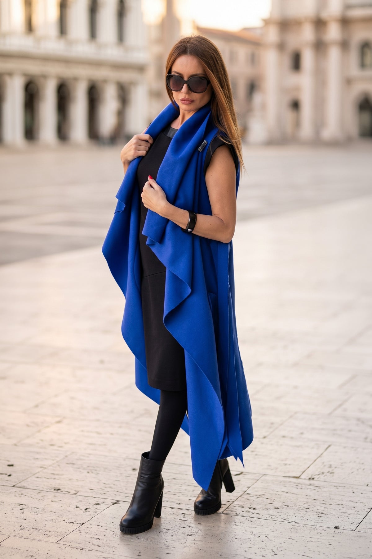 Royal blue cashmere-feel extravagant vest with asymmetric tie details and shawl collar, Victoria | EUG Fashion #royal-blue
