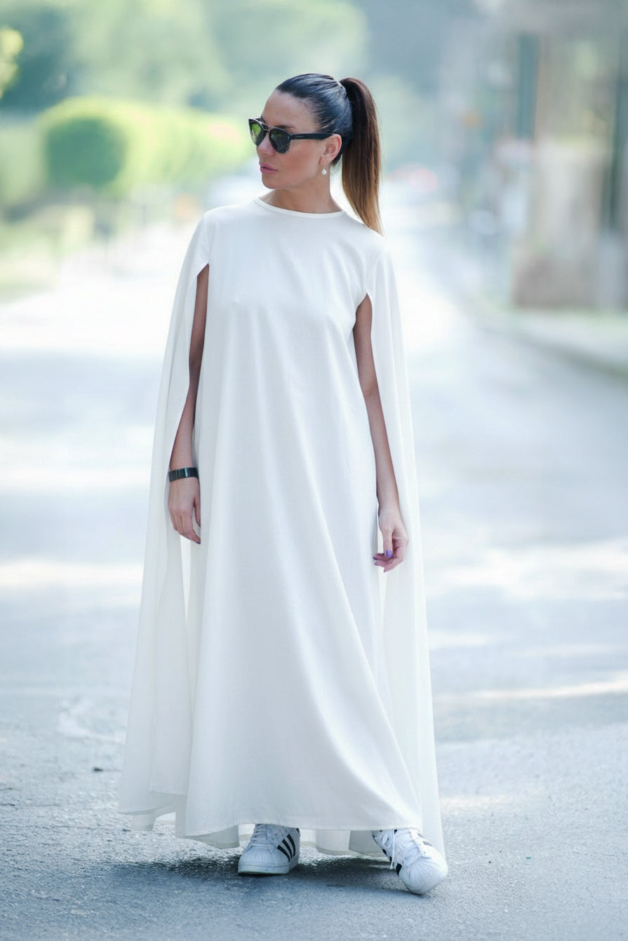 Linen woman elegant cape dress #white