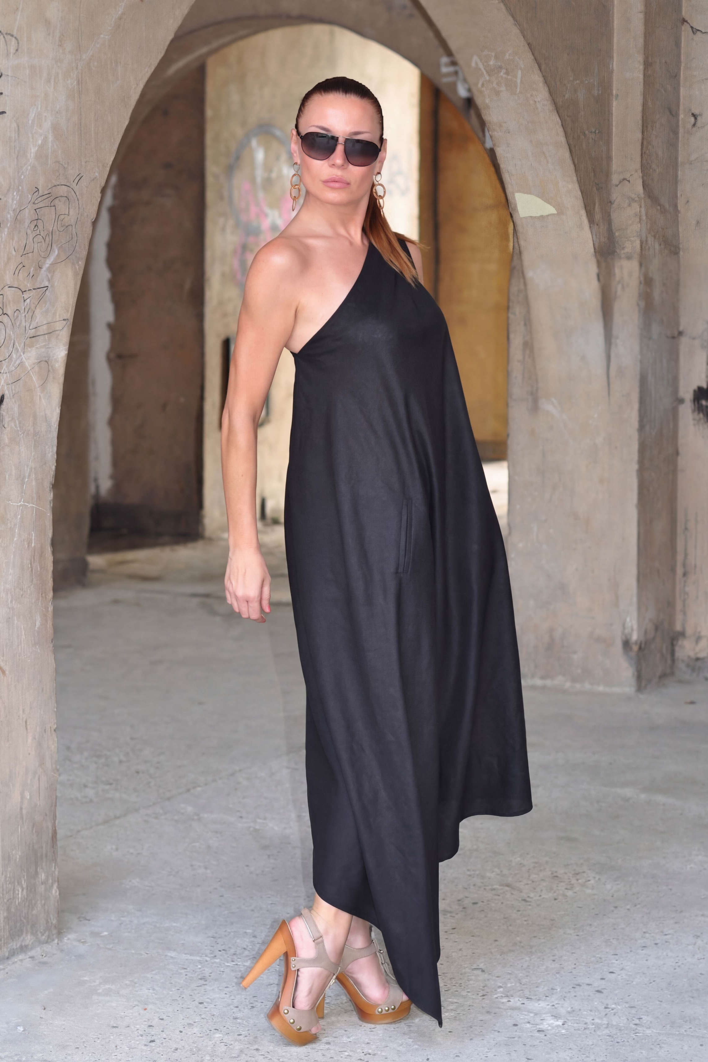 one shoulder linen dress #black