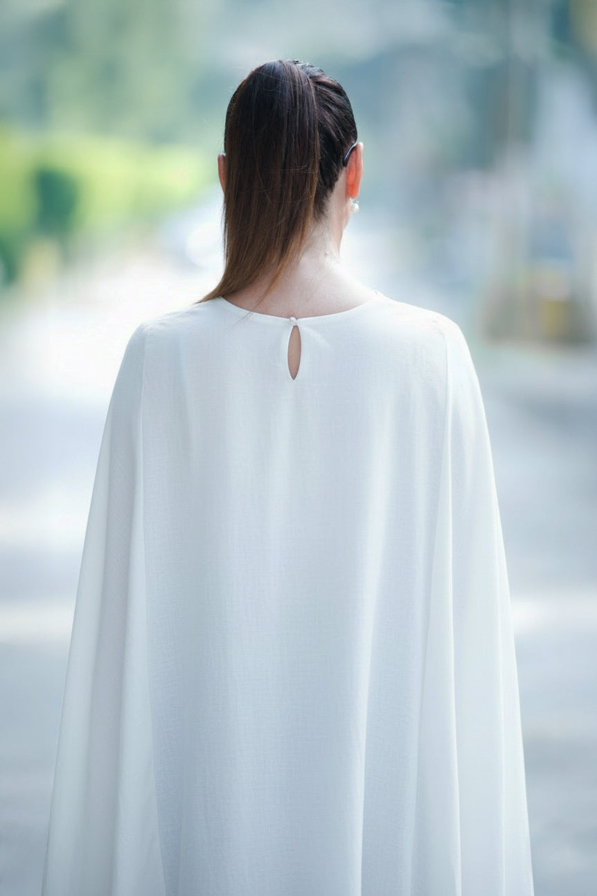 Linen woman elegant cape dress #white