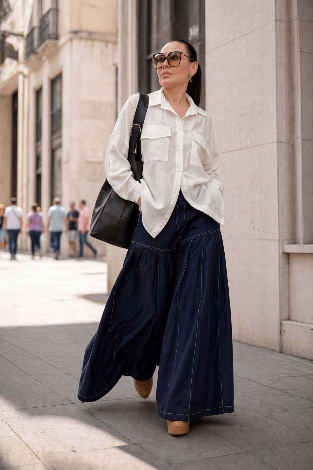 Linen wide leg pants #dark-blue
