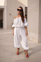 off shoulders linen jumpsuit #white
