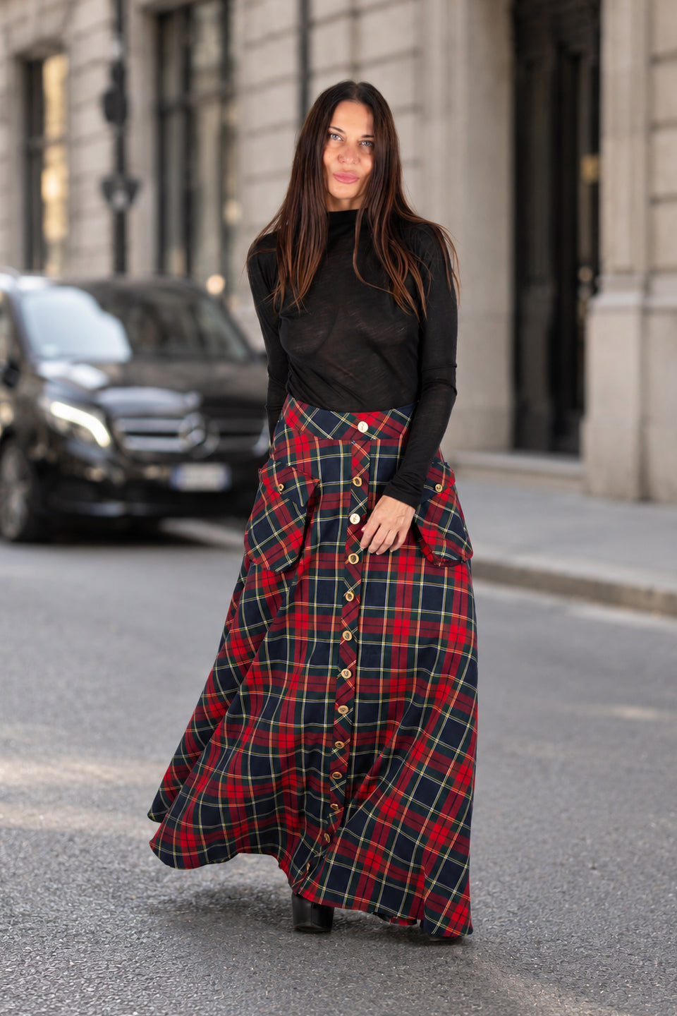 Red plaid A-line maxi skirt Katya with gold buttons and cargo pockets - EUG Fashion #plaid