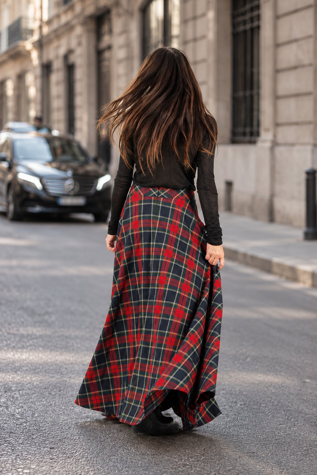Red plaid A-line maxi skirt Katya with gold buttons and cargo pockets - EUG Fashion #plaid