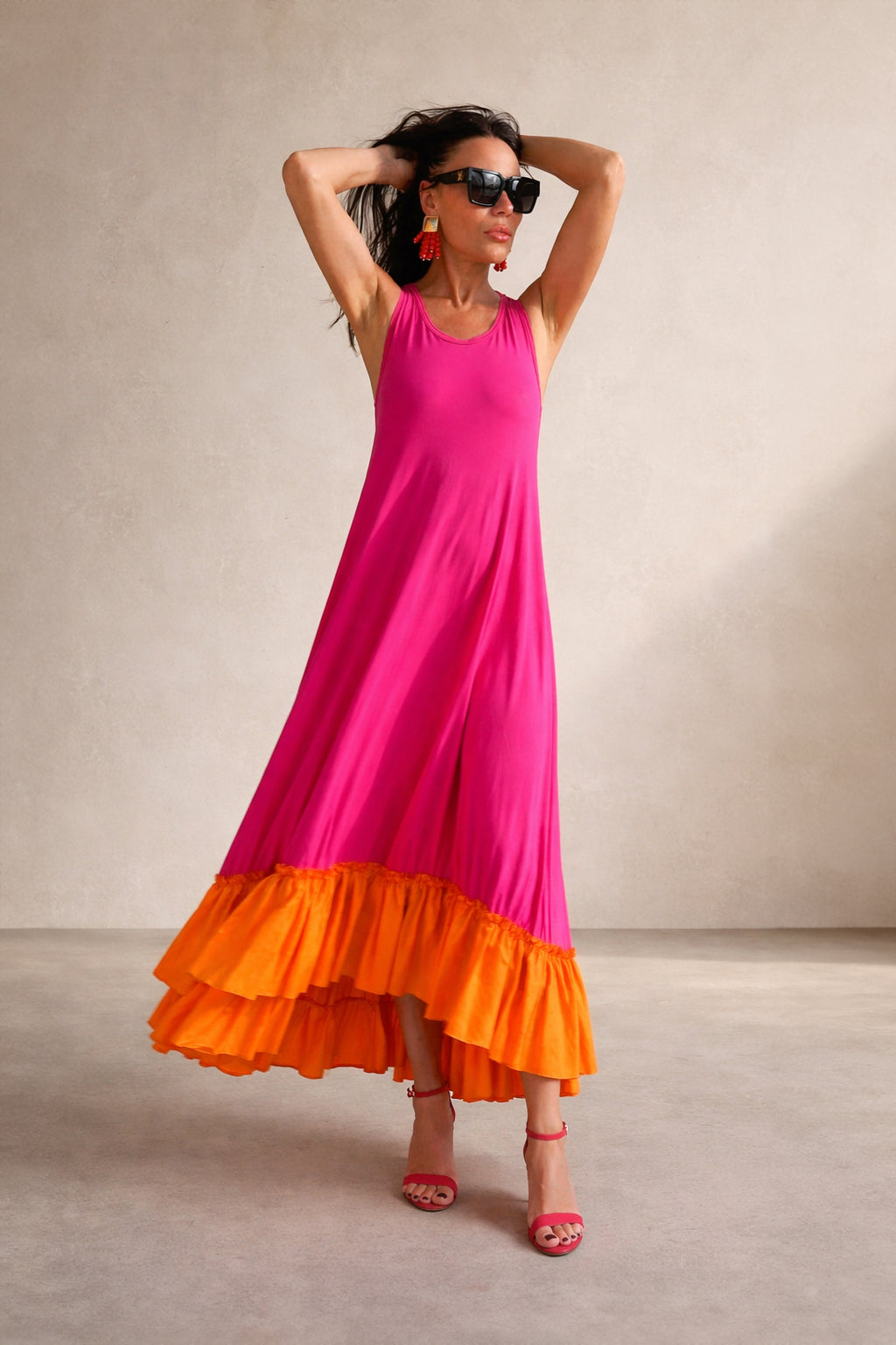 jersey long flounces dress - #hot-pink