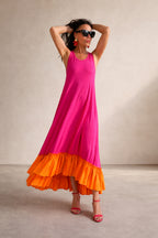 jersey long flounces dress - #hot-pink