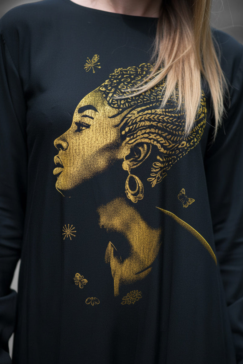 african woman print on the black jumpsuit