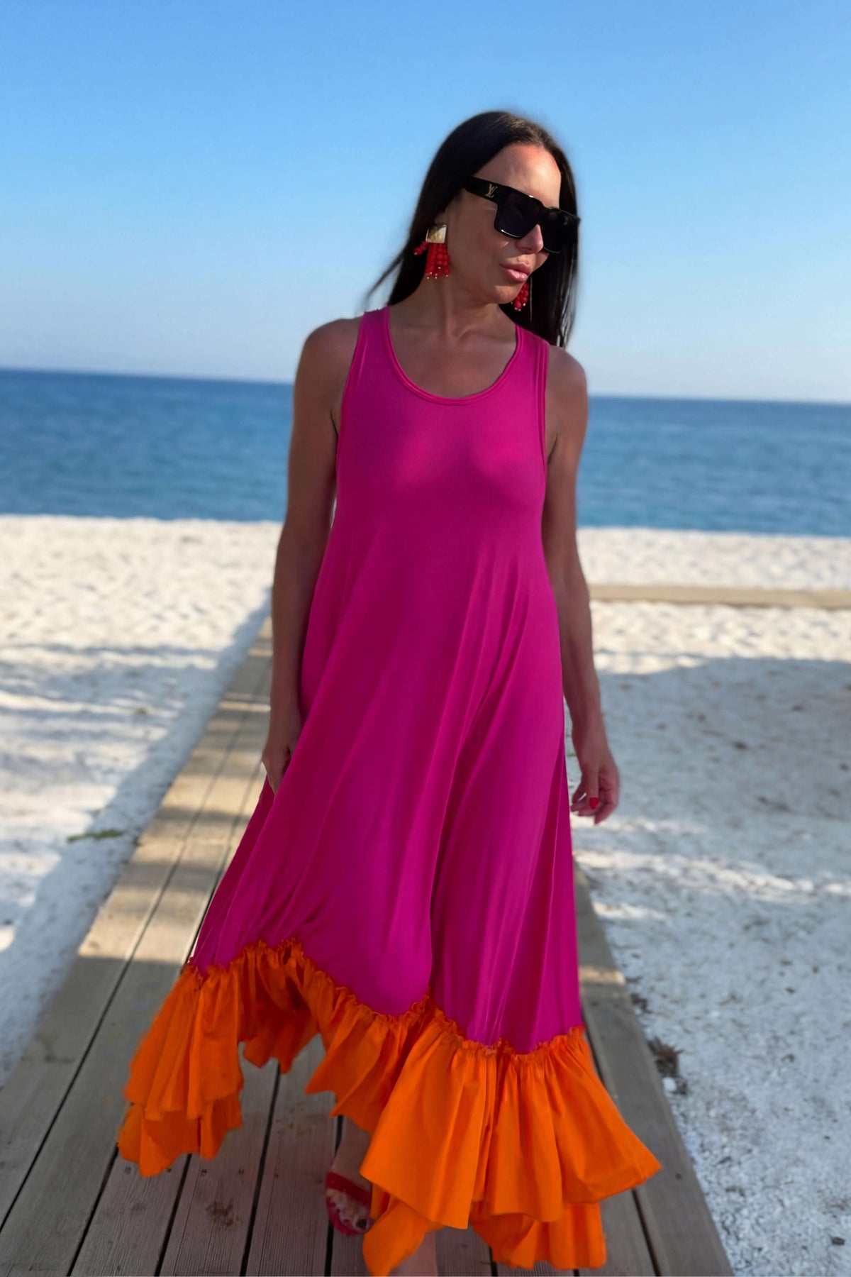 jersey long flounces dress - #hot-pink