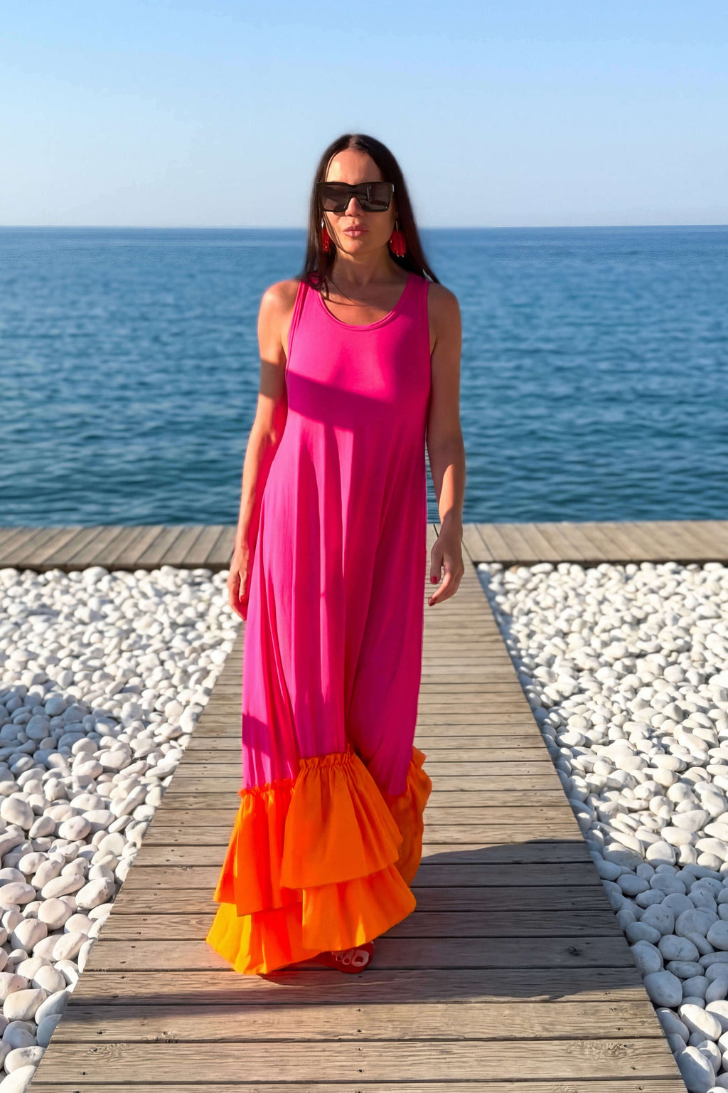 jersey long flounces dress - #hot-pink