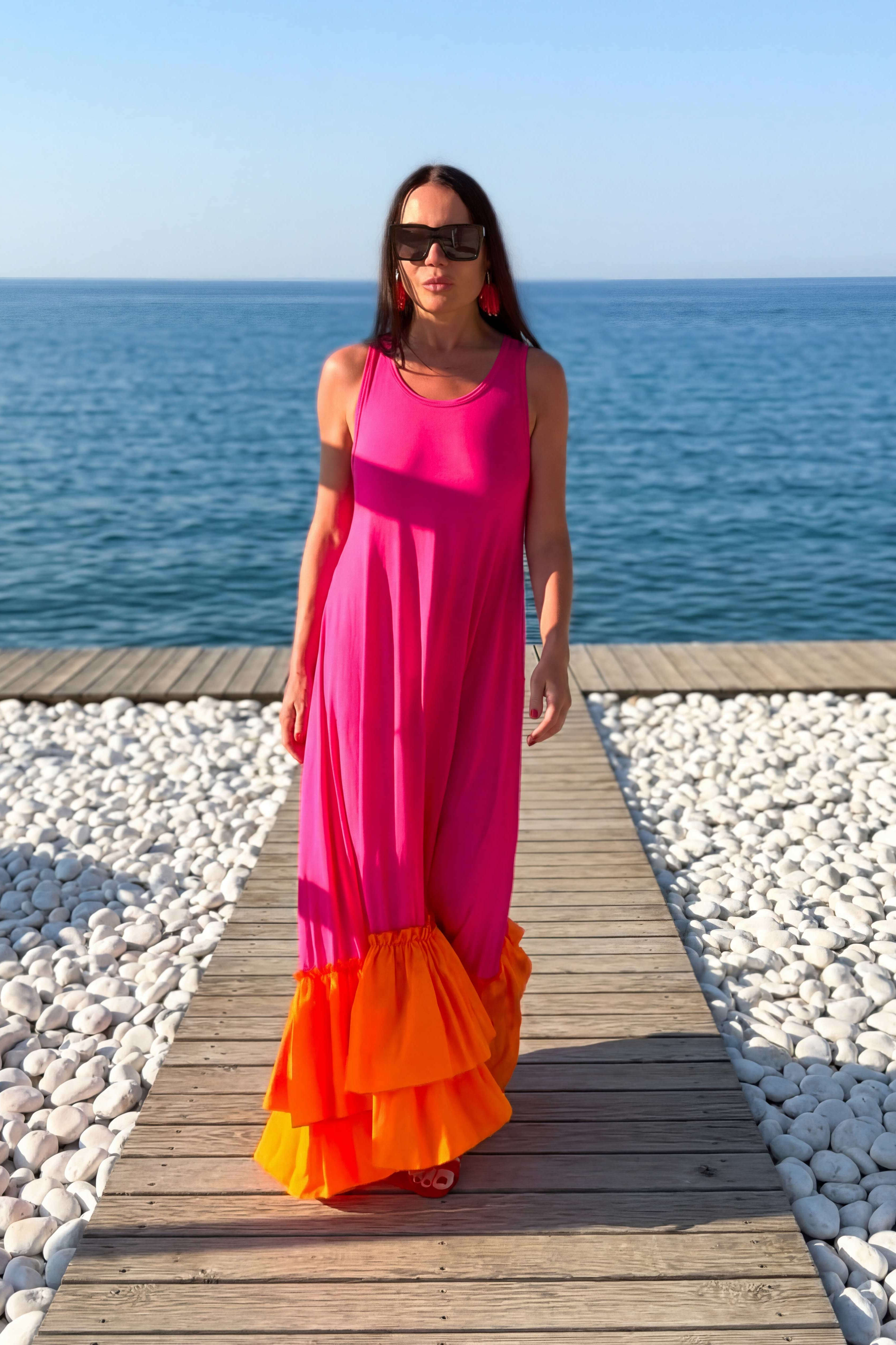 jersey long flounces dress - #hot-pink