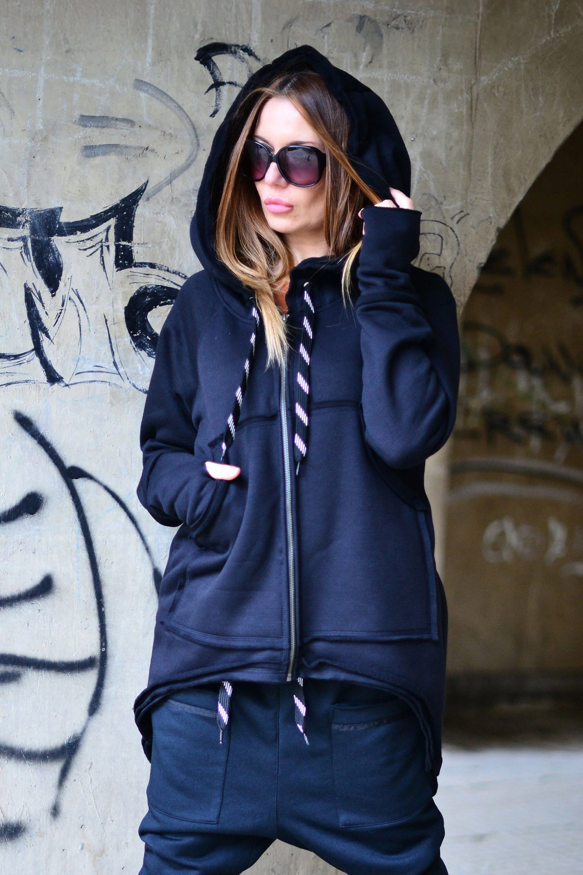 Dark Blue cotton fleece zip-up hoodie - oversized fit and roomy hood, Mell | EUG Fashion #dark-blue