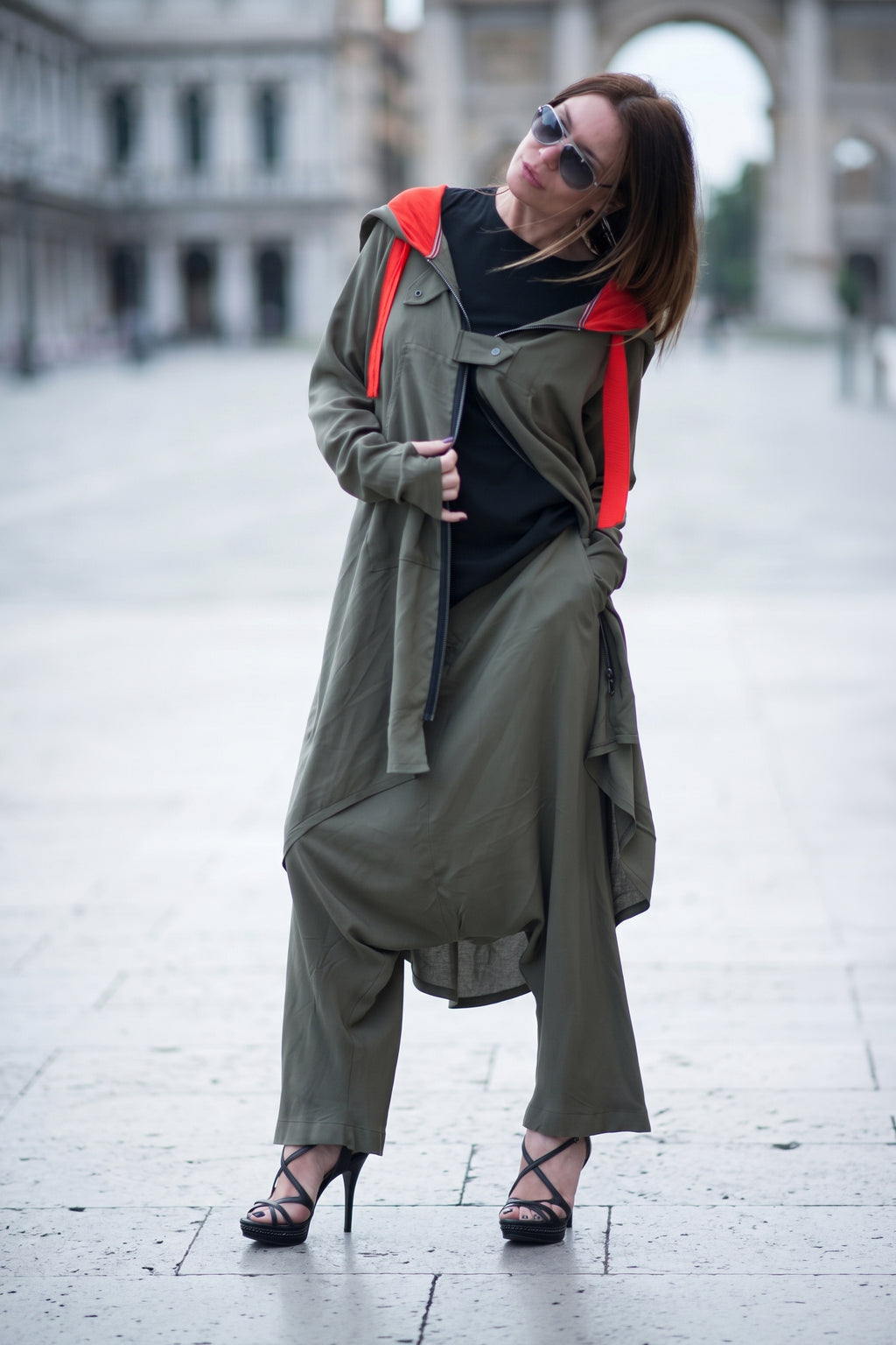 Military green hooded cotton viscose vest with orange belt and angel print on the back - asymmetric silhouette, Angela | EUG Fashion #military-green
