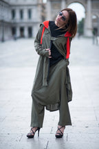 Military green hooded cotton viscose vest with orange belt and angel print on the back - asymmetric silhouette, Angela | EUG Fashion #military-green
