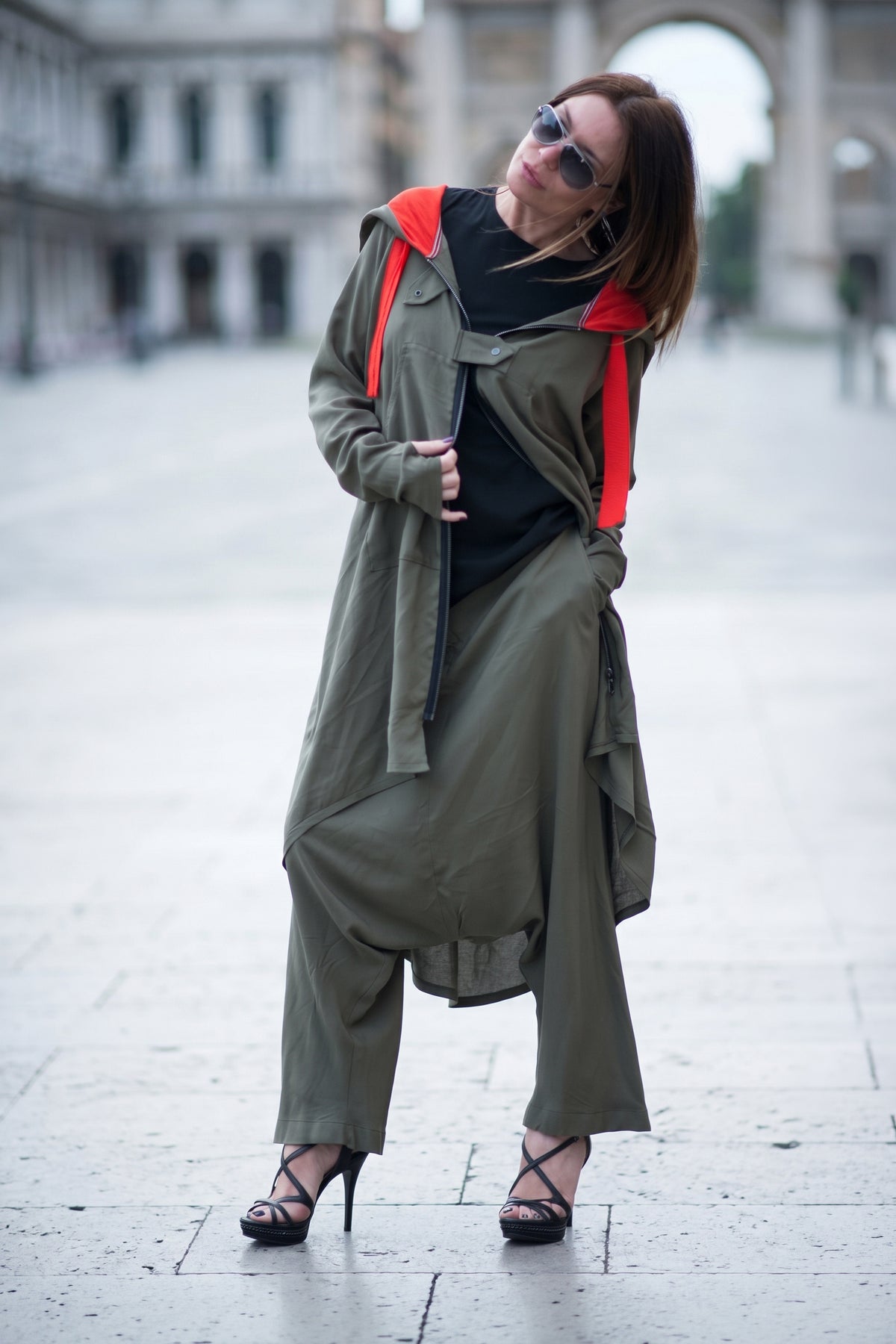 Military green hooded cotton viscose vest with orange belt and angel print on the back - asymmetric silhouette, Angela | EUG Fashion #military-green
