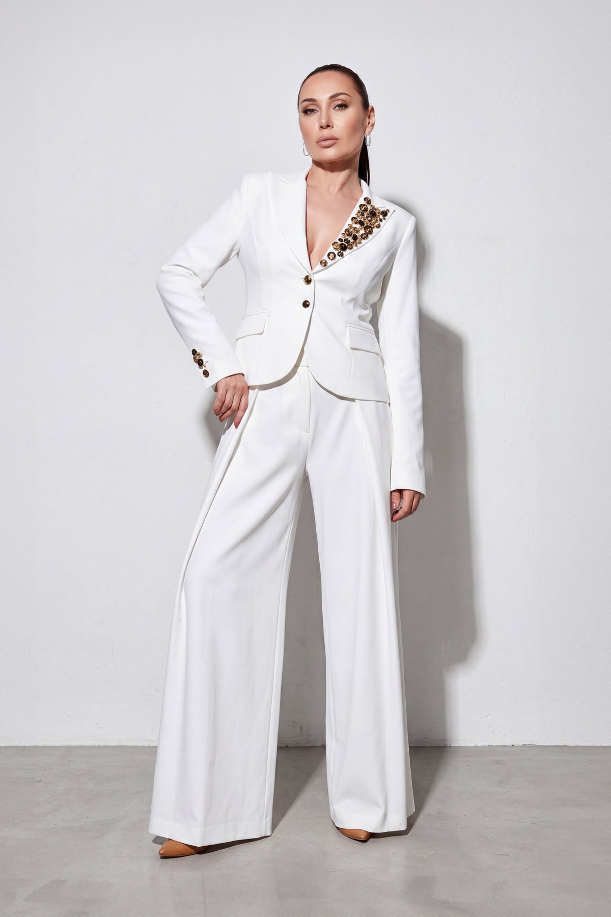 White cold wool wide-leg pants Casidy — EUG Fashion #white