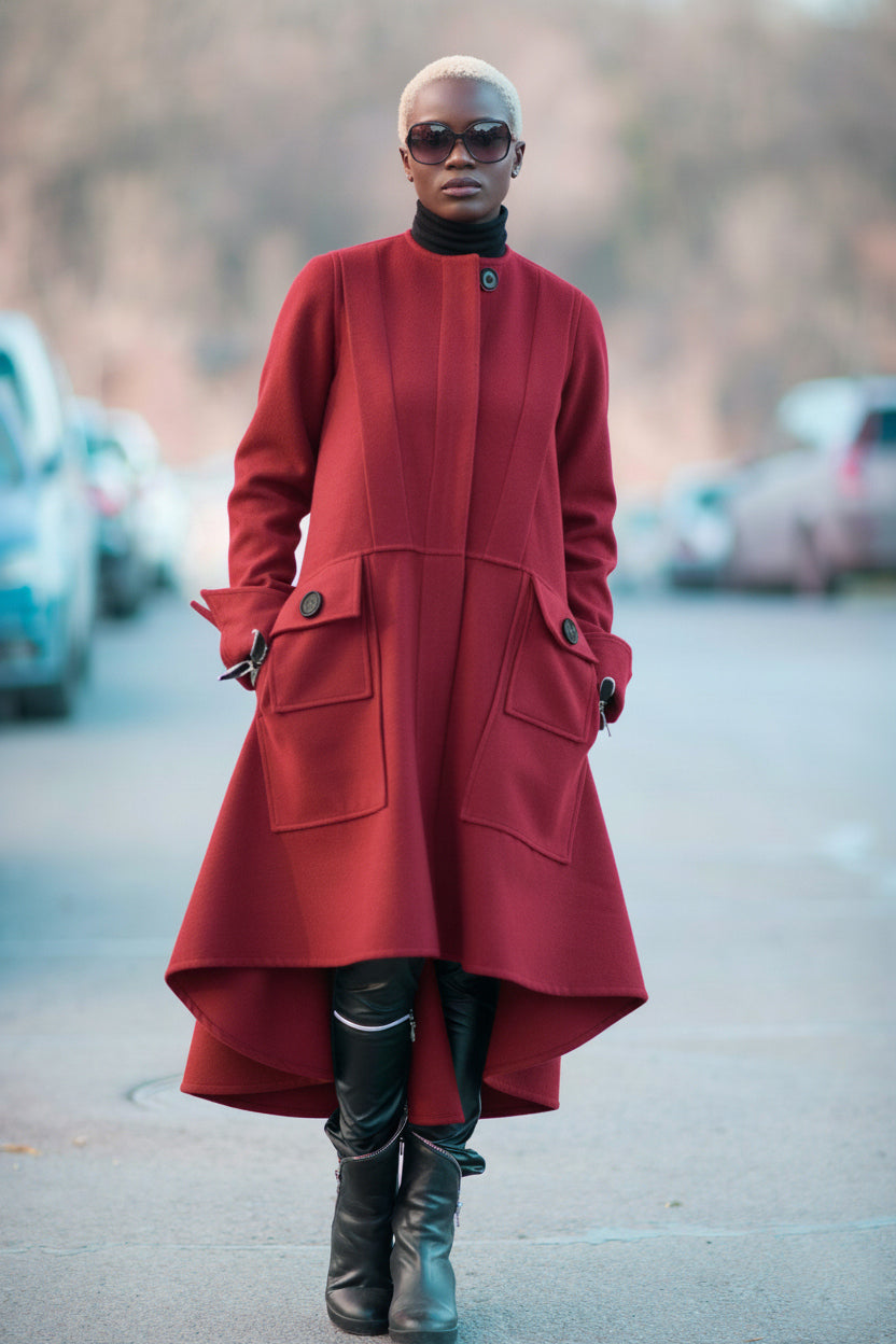 Dark red asymmetric A-line coat Valery with hidden zip and button pockets - EUG Fashion #dark-red
