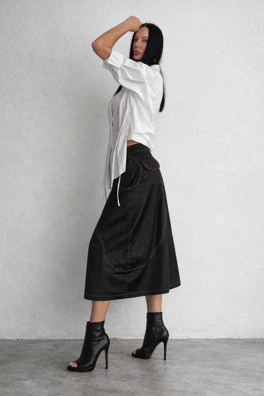 Black denim barrel skirt Huanita with topstitching front pockets and back slit - EUG Fashion #black
