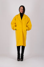 Yellow cashmere-feel coat with puff sleeves and lapel collar - button closure, lined side pockets, Pasha | EUG Fashion #yellow
