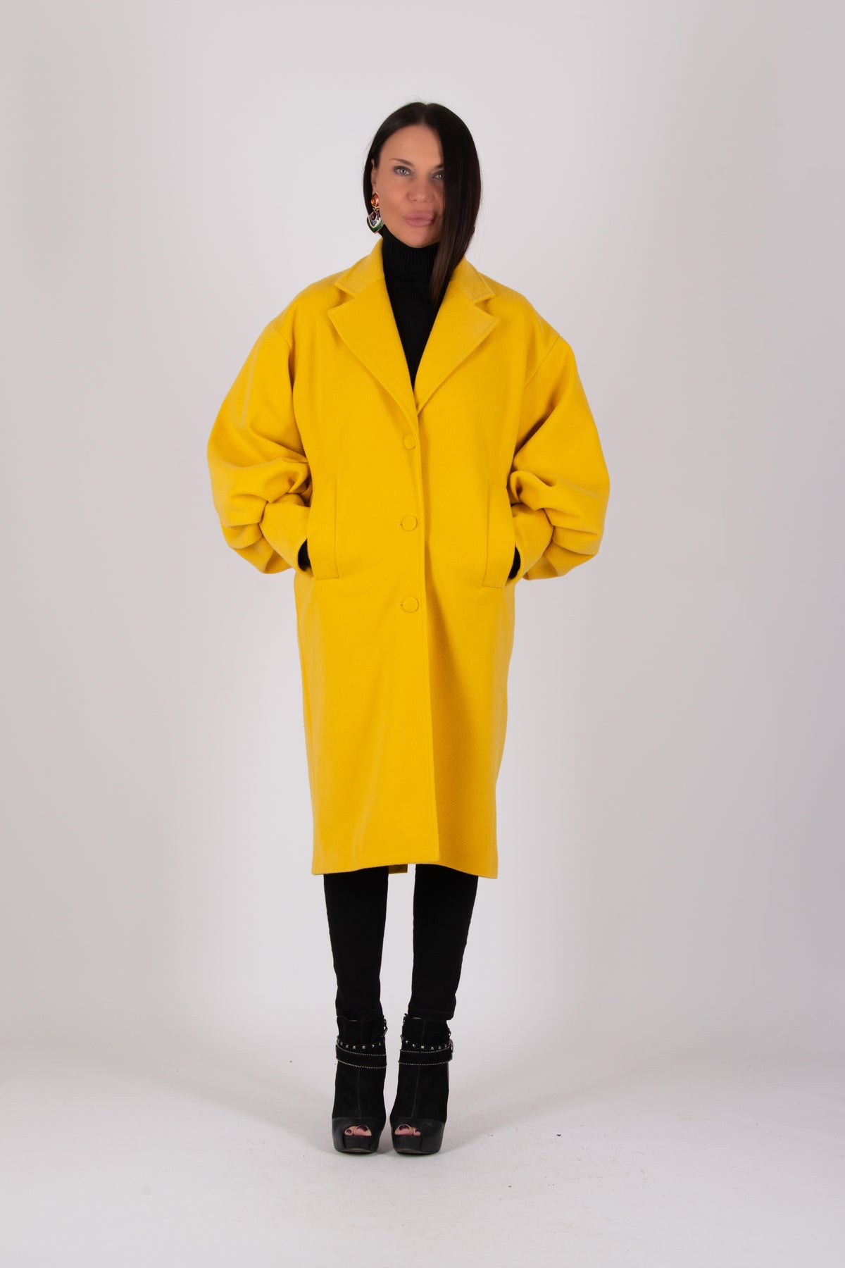 Yellow cashmere-feel coat with puff sleeves and lapel collar - button closure, lined side pockets, Pasha | EUG Fashion #yellow
